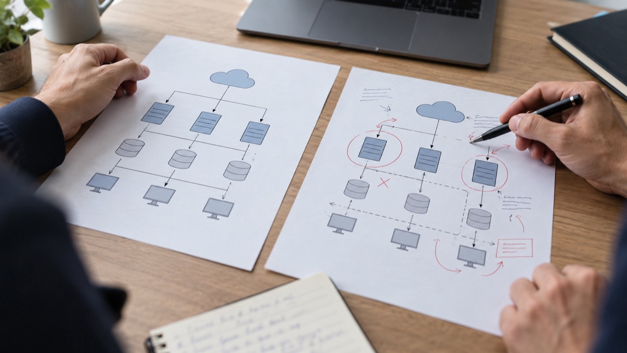 Two Salesforce architecture diagrams side by side, one marked up with fixes
