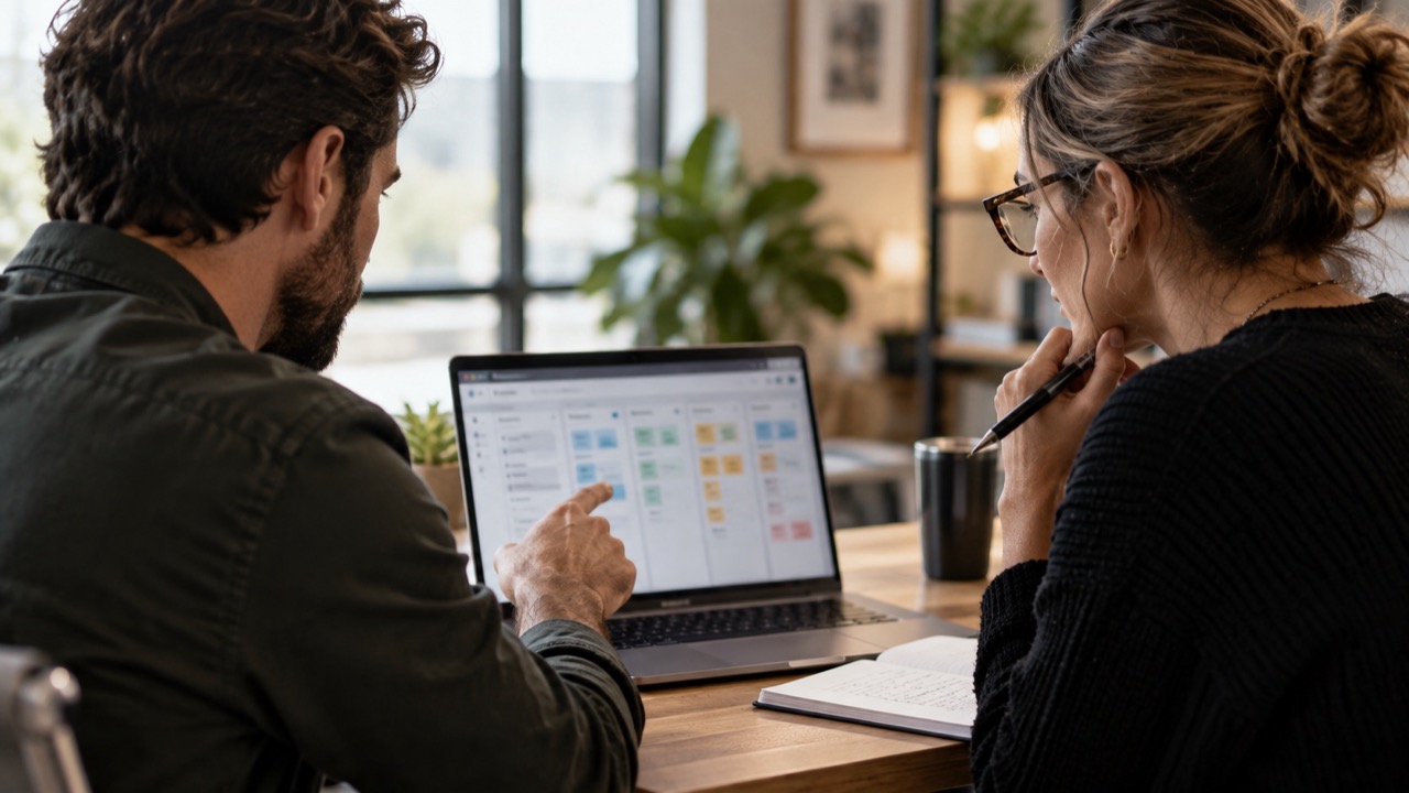 Two colleagues reviewing a sales pipeline board on a laptop